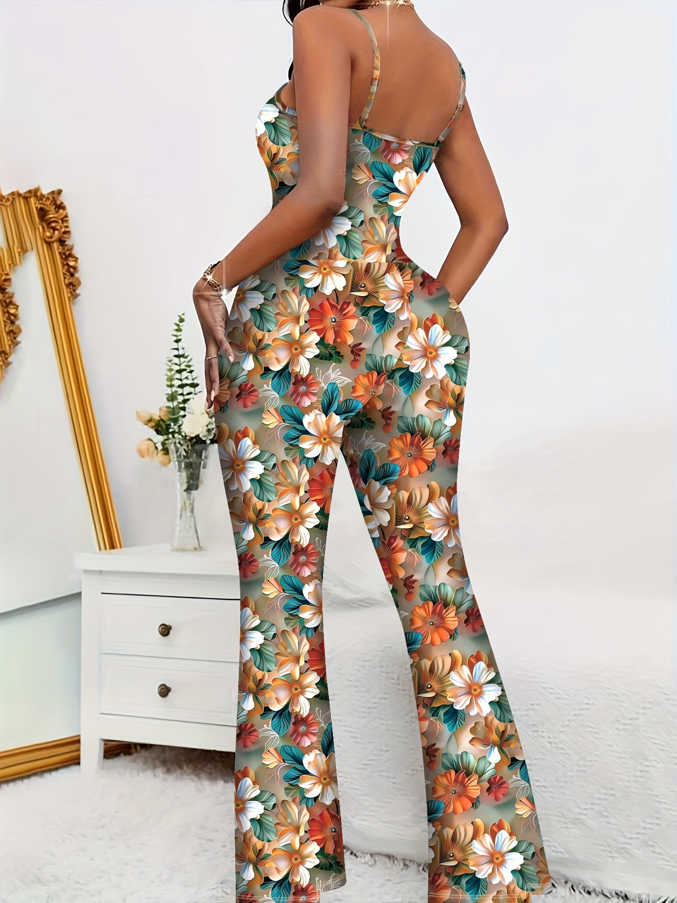 Women'S Elegant Floral Print Sleeveless Spaghetti Strap Jumpsuit, Slim Fit Stretch Bell Bottoms, Sexy Summer Bodycon Romper, Fashionable and Comfortable, Jumpsuits for Summer